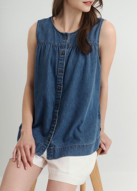 水洗牛仔無袖抽縐孕哺上衣-藍色1