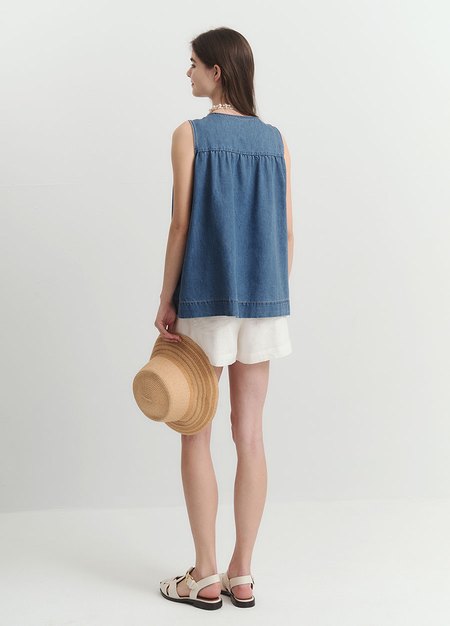 水洗牛仔無袖抽縐孕哺上衣-藍色3