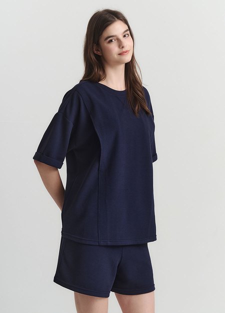 華夫格休閒寬版孕哺上衣-深藍1