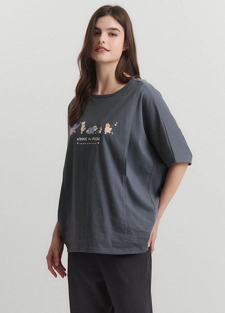 迪士尼小熊維尼寬鬆孕哺罩衫-灰藍3