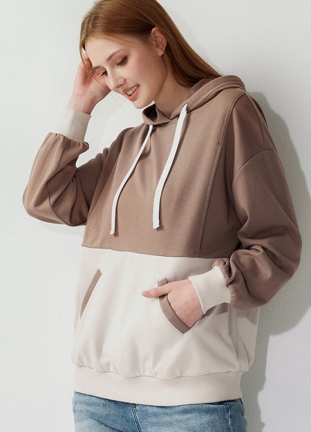 撞色拼接連帽孕哺上衣-灰褐1