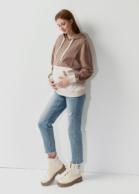 撞色拼接連帽孕哺上衣-灰褐4