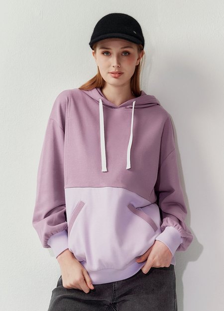 撞色拼接連帽孕哺上衣-藕紫1