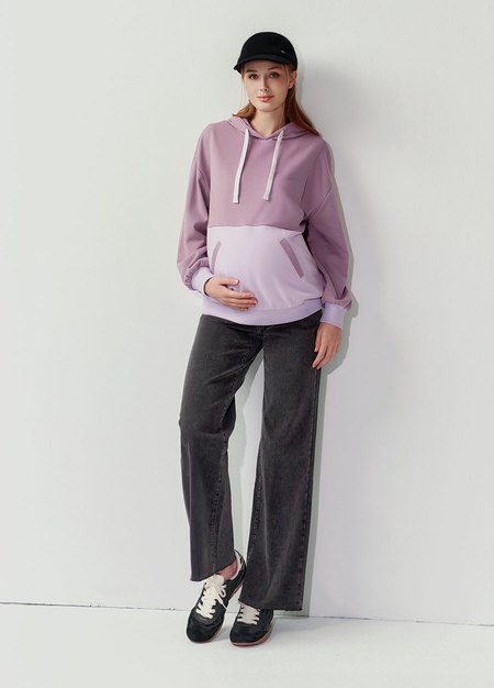 撞色拼接連帽孕哺上衣-藕紫2