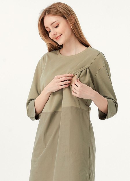 異材質拼接孕哺洋裝-淺綠2