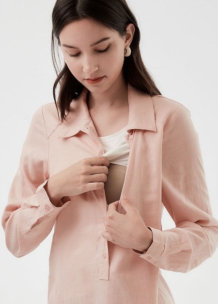 簡約亞麻襯衫孕哺洋裝-淺粉1