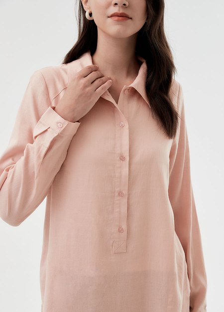 簡約亞麻襯衫孕哺洋裝-淺粉3