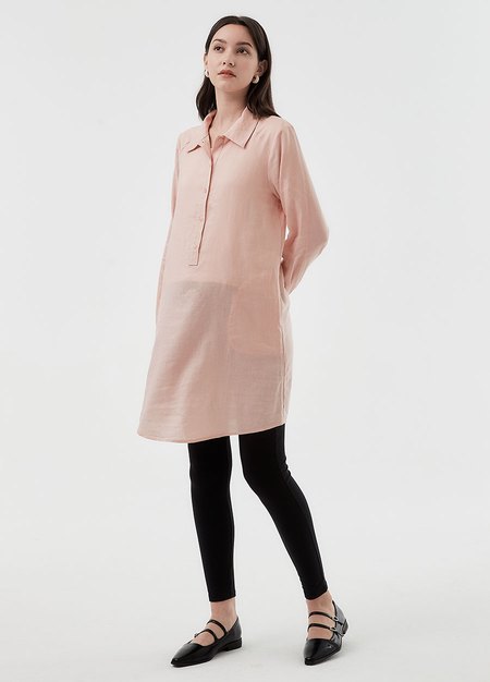 簡約亞麻襯衫孕哺洋裝-淺粉4