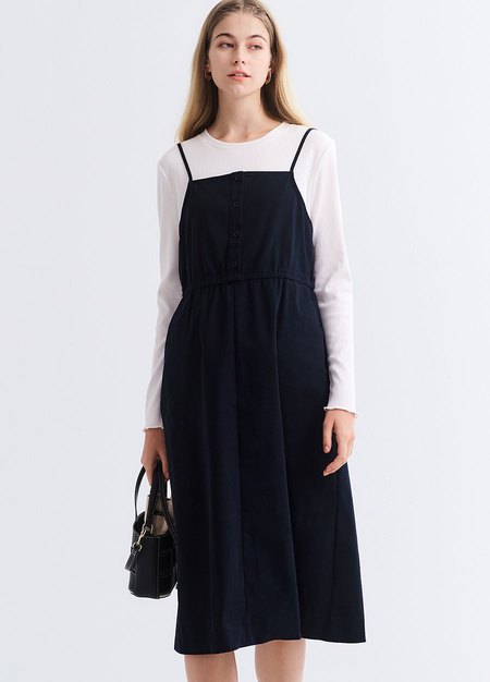 假兩件式細肩帶孕哺洋裝-深藍3