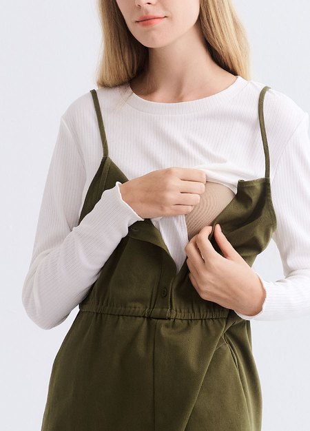 假兩件式細肩帶孕哺洋裝-橄綠2