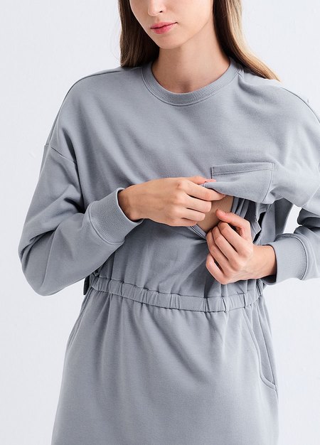 假兩件式+開衩裙孕哺套裝-灰藍2