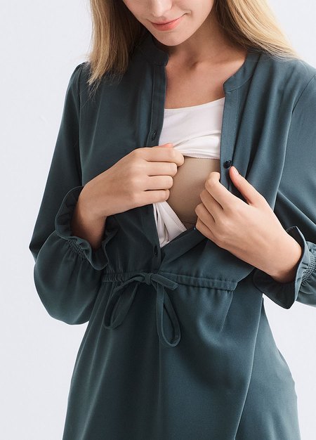 小立領半開襟腰繫帶孕哺洋裝-藍綠2