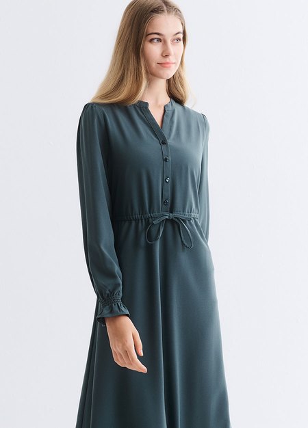 小立領半開襟腰繫帶孕哺洋裝-藍綠3