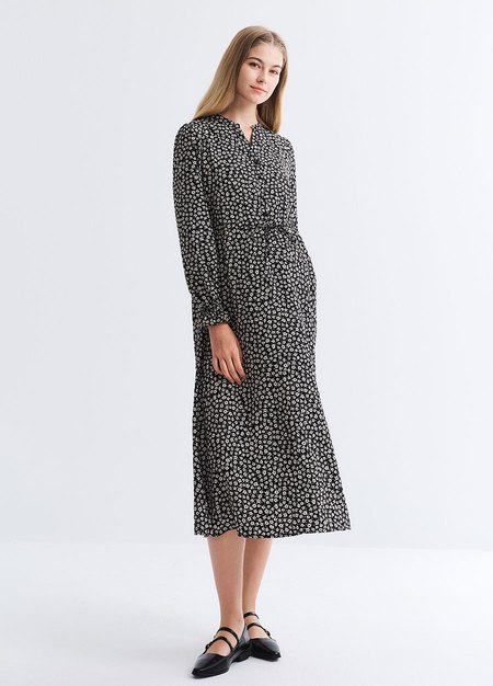 小立領半開襟腰繫帶孕哺洋裝-黑色3