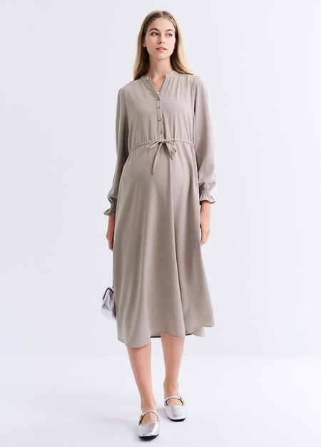 小立領半開襟腰繫帶孕哺洋裝-淺灰3