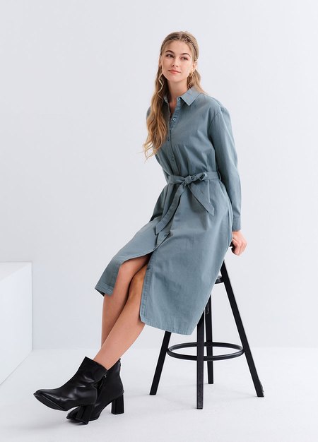 素雅襯衫綁帶孕哺洋裝(兩穿)-灰藍1