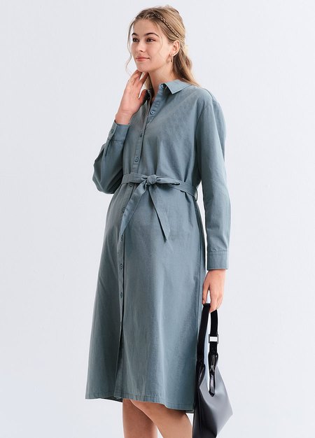 素雅襯衫綁帶孕哺洋裝(兩穿)-灰藍3