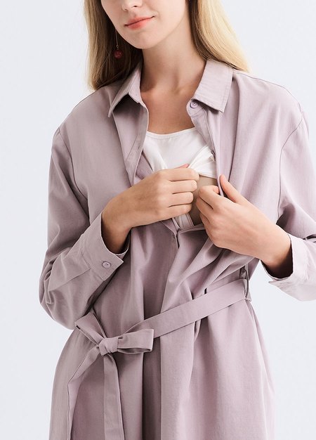 素雅襯衫綁帶孕哺洋裝(兩穿)-粉紫2