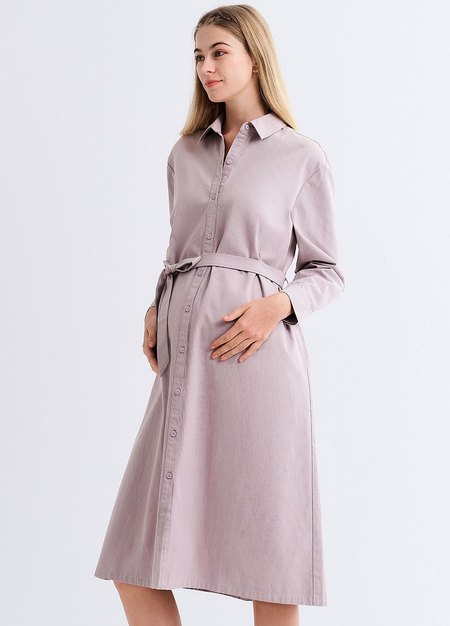 素雅襯衫綁帶孕哺洋裝(兩穿)-粉紫4