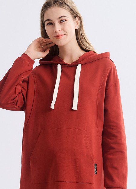 棉質寬鬆連帽孕哺洋裝-磚紅1