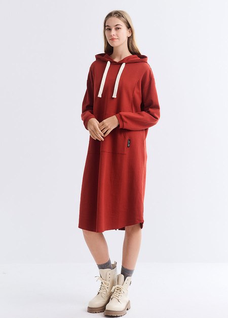 棉質寬鬆連帽孕哺洋裝-磚紅3