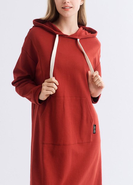 棉質寬鬆連帽孕哺洋裝-磚紅4