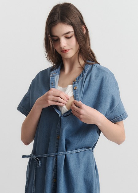 水洗牛仔襯衫孕哺洋裝(兩穿)-淺藍3