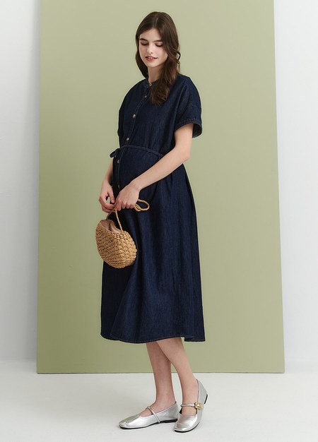 水洗牛仔襯衫孕哺洋裝(兩穿)-深藍1