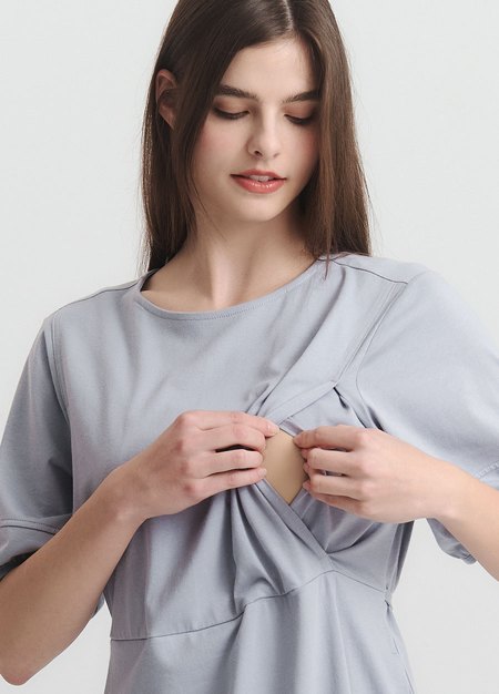 簡約公主袖孕哺洋裝-藍紫2