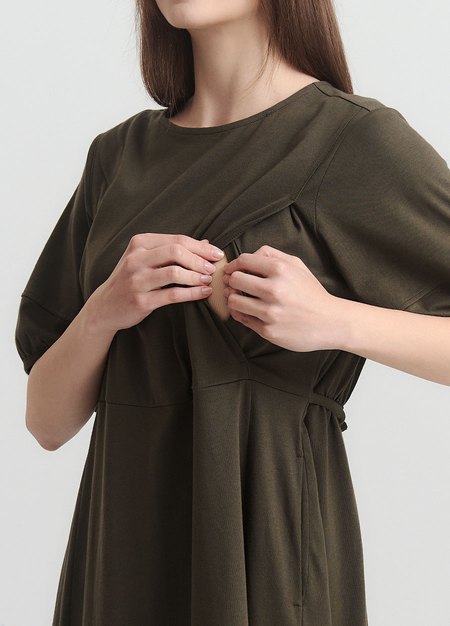簡約公主袖孕哺洋裝-橄綠2