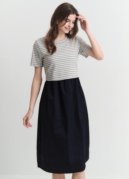 橫紋拼接假兩件孕哺洋裝-淺灰4