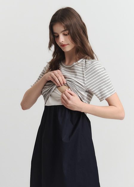 橫紋拼接假兩件孕哺洋裝-淺灰2