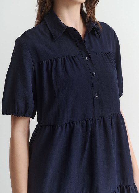 襯衫領蛋糕裙孕哺洋裝-深藍3