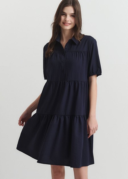 襯衫領蛋糕裙孕哺洋裝-深藍1