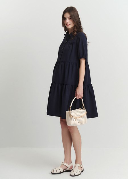 襯衫領蛋糕裙孕哺洋裝-深藍4