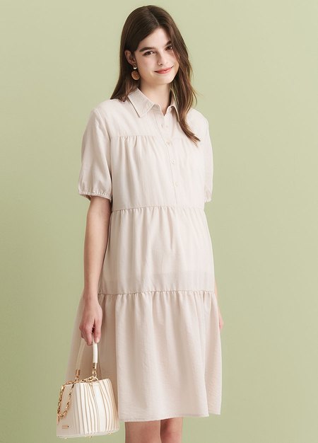 襯衫領蛋糕裙孕哺洋裝-米色4