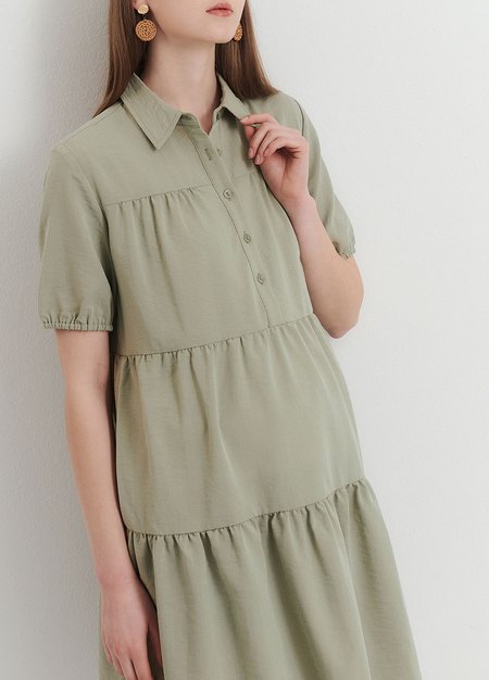 襯衫領蛋糕裙孕哺洋裝-淺綠4