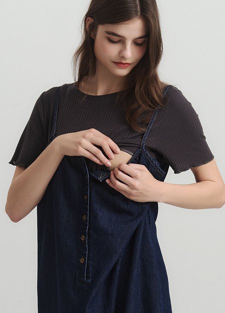 假兩件式牛仔細肩帶孕哺洋裝-深藍2