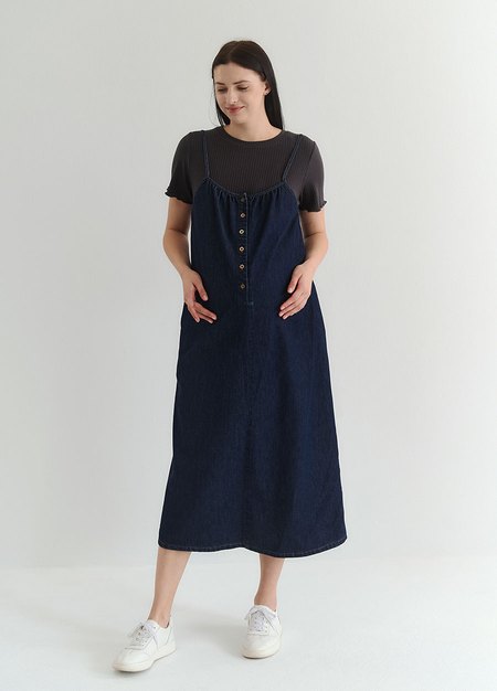 假兩件式牛仔細肩帶孕哺洋裝-深藍4