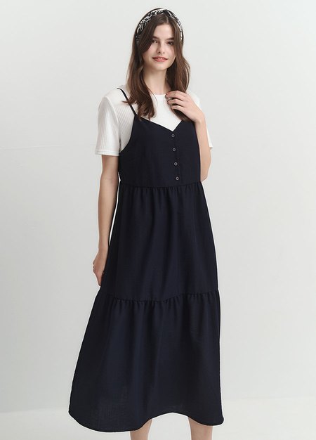 假兩件式細肩帶蛋糕孕哺洋裝-深藍1