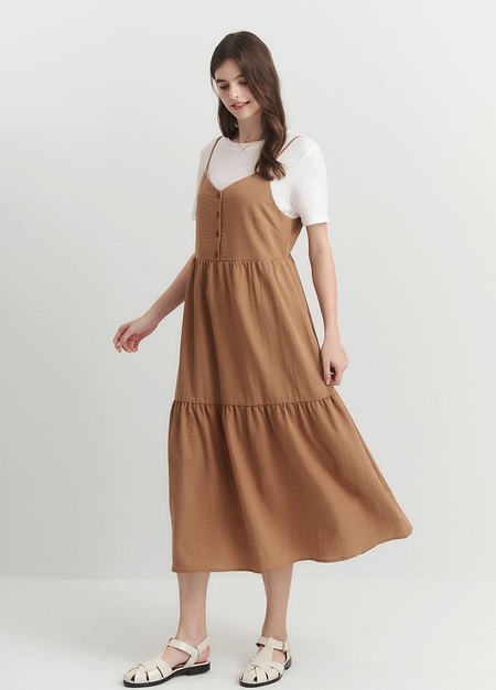 假兩件式細肩帶蛋糕孕哺洋裝-駝色3