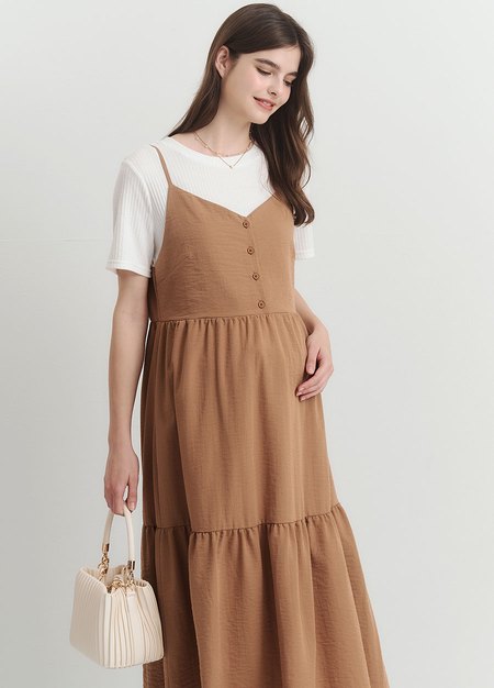 假兩件式細肩帶蛋糕孕哺洋裝-駝色4