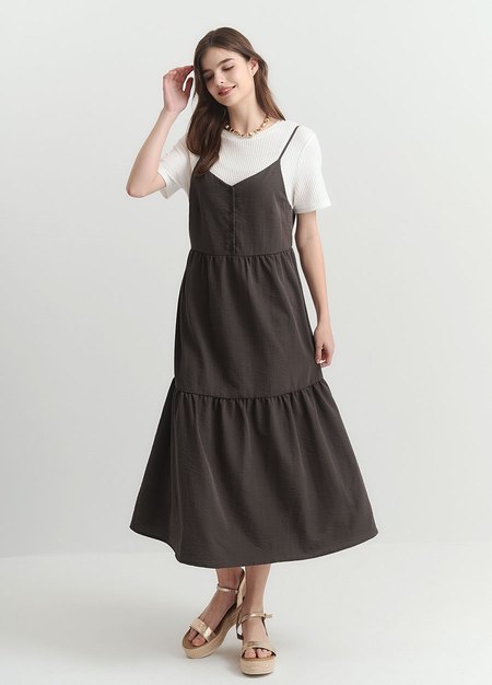 假兩件式細肩帶蛋糕孕哺洋裝-灰色1