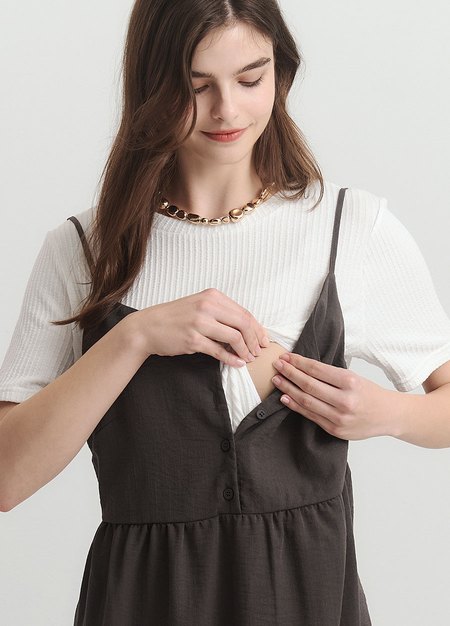 假兩件式細肩帶蛋糕孕哺洋裝-灰色2