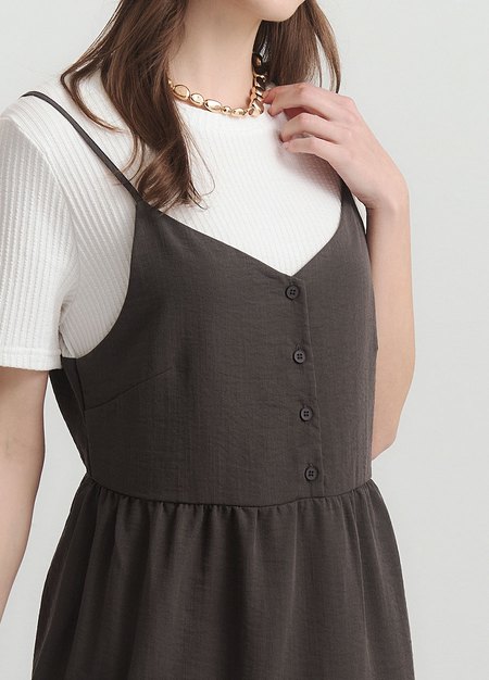 假兩件式細肩帶蛋糕孕哺洋裝-灰色4