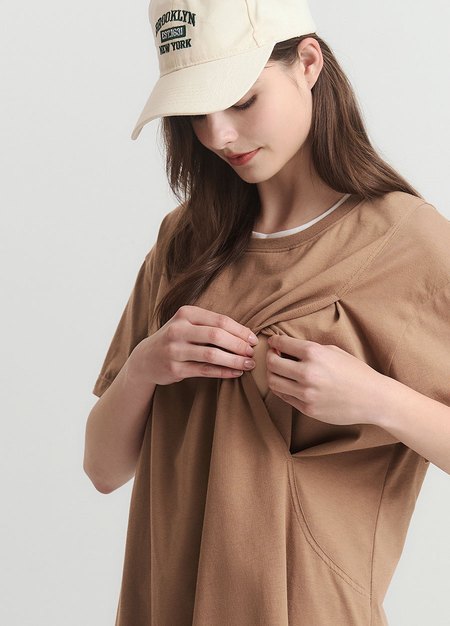 棉質假兩件孕哺洋裝-駝色2