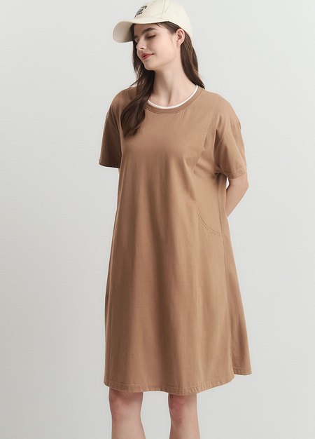 棉質假兩件孕哺洋裝-駝色3