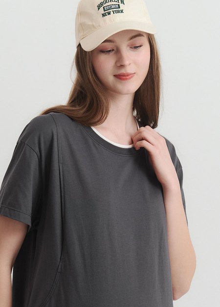 棉質假兩件孕哺洋裝-深灰1