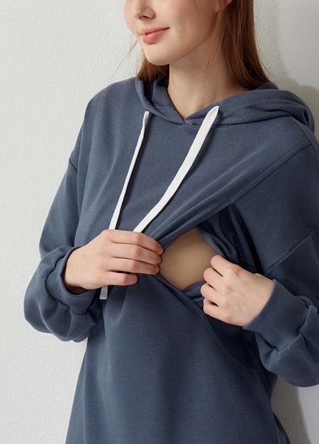 荷葉裙襬連帽孕哺洋裝-灰藍2