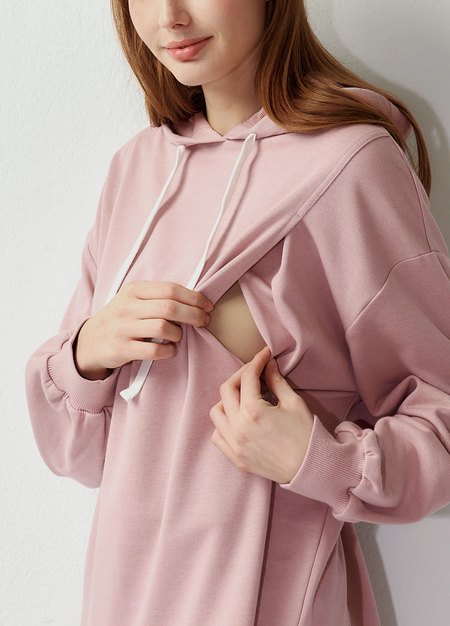 荷葉裙襬連帽孕哺洋裝-淺粉2
